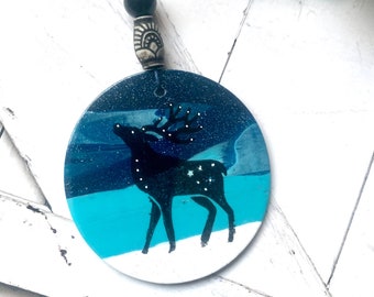 Deer  ornament, handmade woodland polymer clay artisan creation , blue and black flat ornament D17