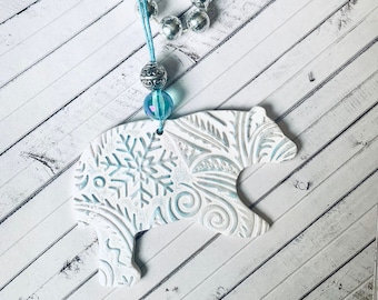 White Polar bear ornament,  blue accent, handmade artctic polymer clay artisan creation , beaded ornament