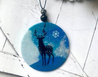 Deer  ornament, handmade woodland polymer clay artisan creation , blue and black flat ornament D11