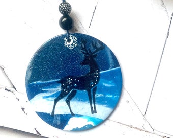 Deer  ornament, handmade woodland polymer clay artisan creation , blue and black flat ornament D15