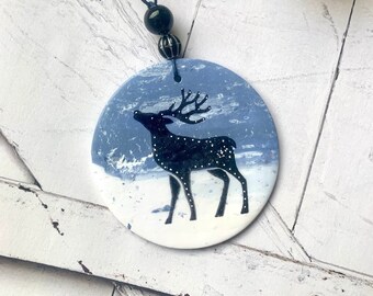 Deer  ornament, handmade woodland polymer clay artisan creation , blue and black flat ornament D4