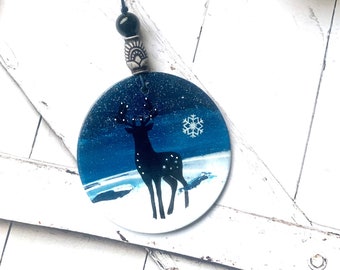 Deer  ornament, handmade woodland polymer clay artisan creation , blue and black flat ornament D13