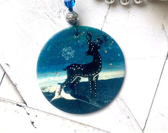 Deer  ornament, handmade woodland polymer clay artisan creation , blue and black flat ornament D2