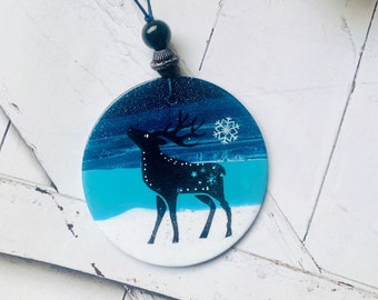 Deer  ornament, handmade woodland polymer clay artisan creation , blue and black flat ornament D10