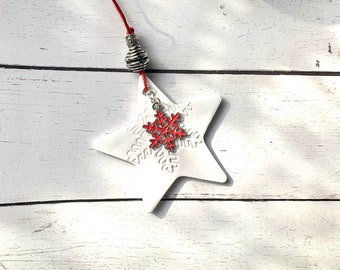 Star ornament, handmade snowflake ornament, polymer clay and red enamel  artisan creation , christmas snowflake