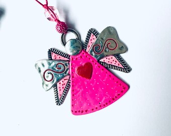 Angel ornament, artisan hand painted metal, antique style one of a kind, hot pink with pink wings and red heart A49