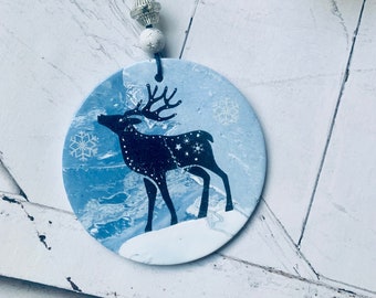 Deer  ornament, handmade woodland polymer clay artisan creation , blue and black flat ornament D5