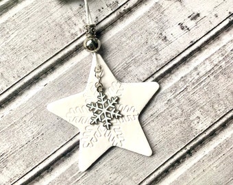 Star ornament, handmade snowflake ornament, polymer clay and white enamel  artisan creation , christmas snowflake