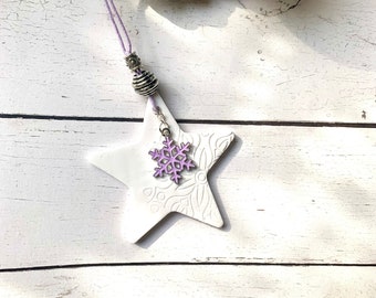 Star ornament, handmade snowflake ornament, polymer clay and purple enamel  artisan creation , christmas snowflake
