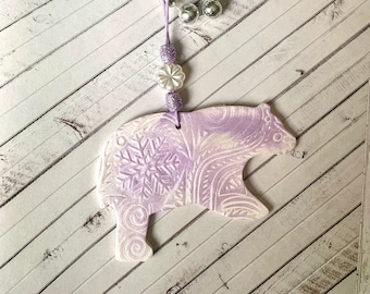 White Polar bear ornament,  purple accent, handmade artctic polymer clay artisan creation , beaded ornament