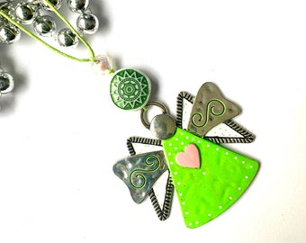 Angel ornament, artisan hand painted metal, antique style one of a kind, lime and white with pink heart A16