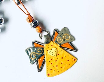 Engel Ornament, Glasur, Metall, antiker Stil, Einzelstück, dunkelgelbe und orange Flügel mit gelbem Herz A29