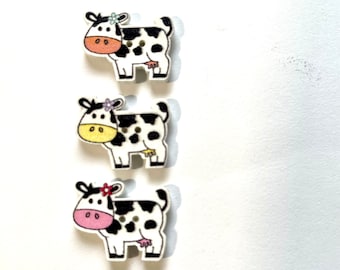 Cow magnet set,  wood  with assorted colors 3 piece set, white cows