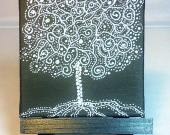 Tree of Life mini painting, black and white series 3x3 inch little art, constellation tree series #1