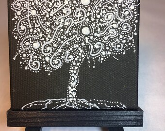 Tree of Life mini painting, black and white series 3x3 inch little art, constellation tree series #6