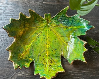 Handmade Maple Leaf Trinket Dish - Green and Gold Accent Decor