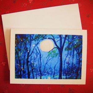 Abstract Blue Moon with Fireflies Blank Greeting Card handmade by artist canadian art print image 2