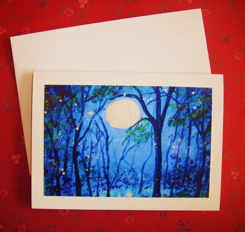 Abstract Blue Moon with Fireflies Blank Greeting Card handmade by artist canadian art print image 2