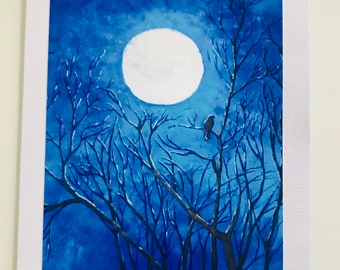 Raven and moon art, blue tree art,  The Ravens Wood Midnight  Moon Abstract Greeting Card Blank crow artist print small notecard