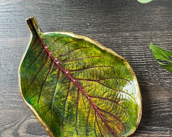Handmade Leaf Trinket Dish - Green and Gold Botanical Decor