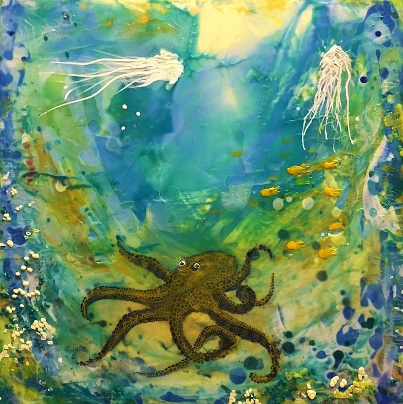 Octopus Original Encaustic painting 3D Textural Piece 10 x 10 on wood panel Underwater