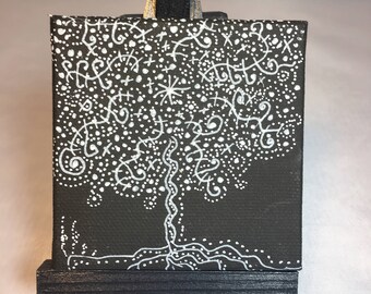 Tree of Life mini painting, black and white series 3x3 inch little art, constellation tree series #14