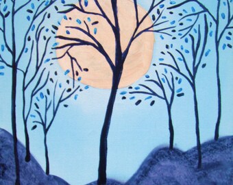 ACEO Asian Abstract Limited Edition Giclee Print Ring Around the Moon Blue small tree print mini collectible art