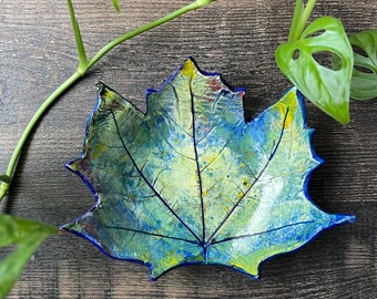Handmade Maple Leaf Dish, Blue & Yellow Botanical Decor, Trinket Bowl