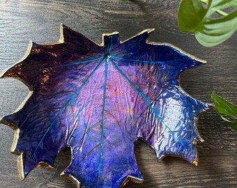 Iridescent Maple Leaf Trinket Dish - Decorative Fall Decor with Gold Trim