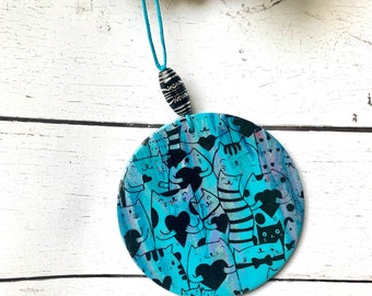 Cat ornament, handmade cat hanging ornament, polymer clay artisan creation , teal and black cat flat ornament C2