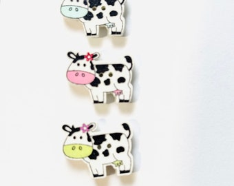 Cow magnet set,  wood  with assorted colors 3 piece set, white cows