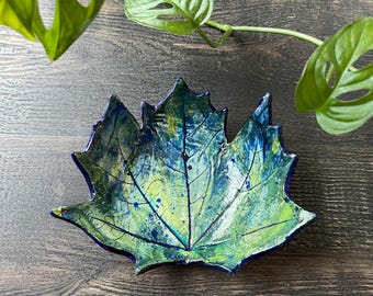 Handmade Maple Leaf Bowl, Decorative Trinket Dish, Blue & Green Botanical Decor