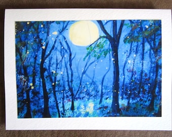 Abstract Blue Moon with Fireflies Blank Greeting Card handmade by artist canadian art print