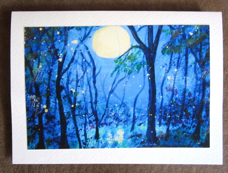 Abstract Blue Moon with Fireflies Blank Greeting Card handmade by artist canadian art print image 1