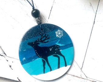 Deer  ornament, handmade woodland polymer clay artisan creation , blue and black flat ornament D14