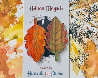 Leaf magnet set Artisan hand painted wood magnets / Autumn leaf magnet 2 piece set/ orange and green wood magnets Set 2