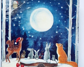 Rustic Winter Animals Acrylic Mixed Media Painting, Cottagecore Moon Art on Wood (6 inch)