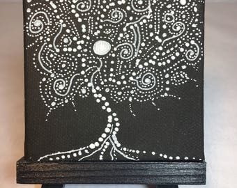 Tree of Life mini painting, black and white series 3x3 inch little art, constellation tree series #7