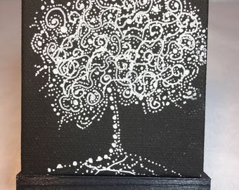 Tree of Life mini painting, black and white series 3x3 inch little art, constellation tree series #10