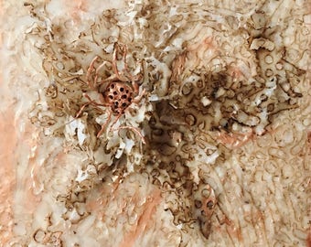 Original Encaustic painting Golden Flower 3D Textural Piece 10 x 10 on wood panel