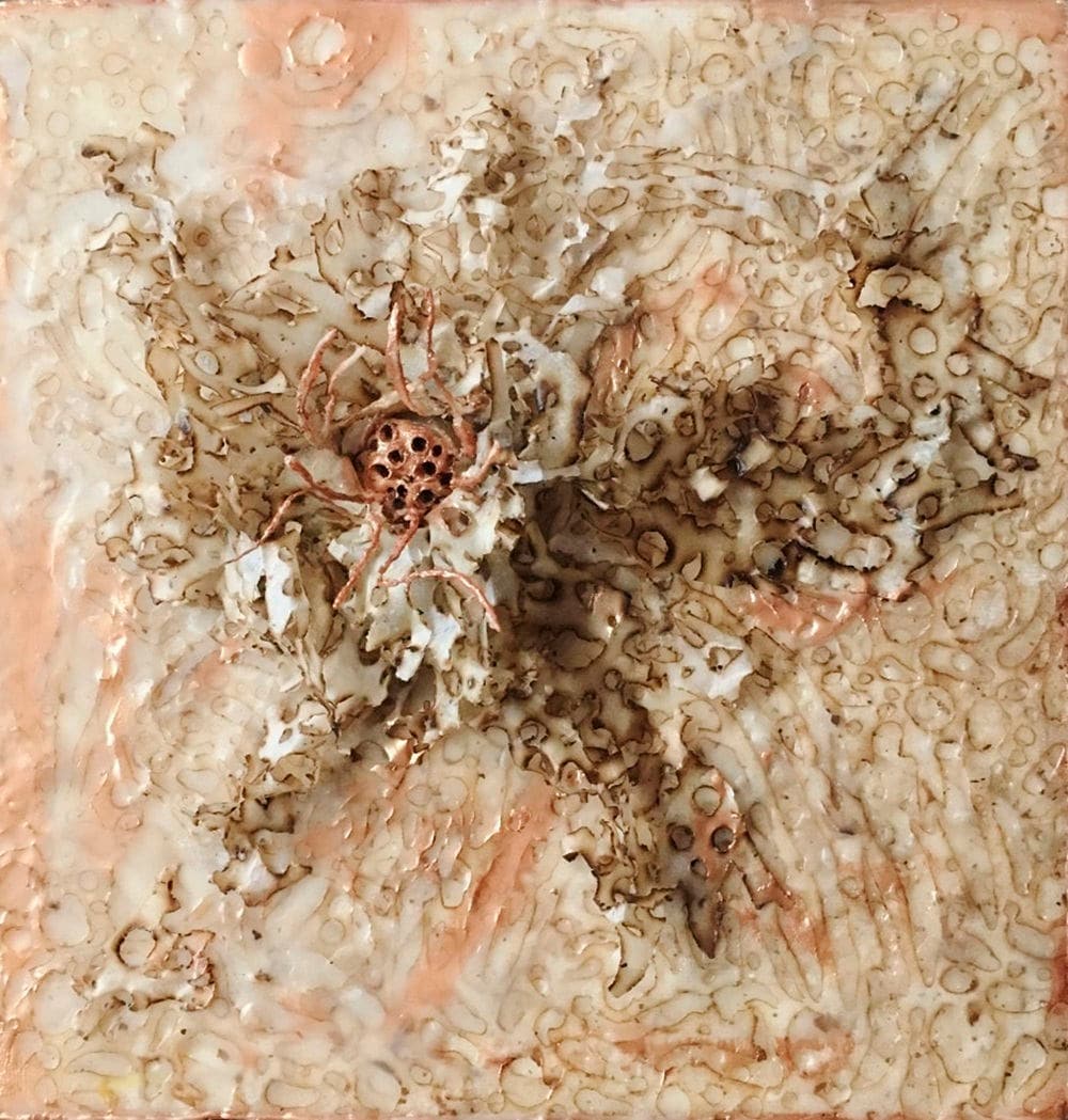 Original Encaustic painting Golden Flower 3D Textural Piece 10 x 10 on wood panel