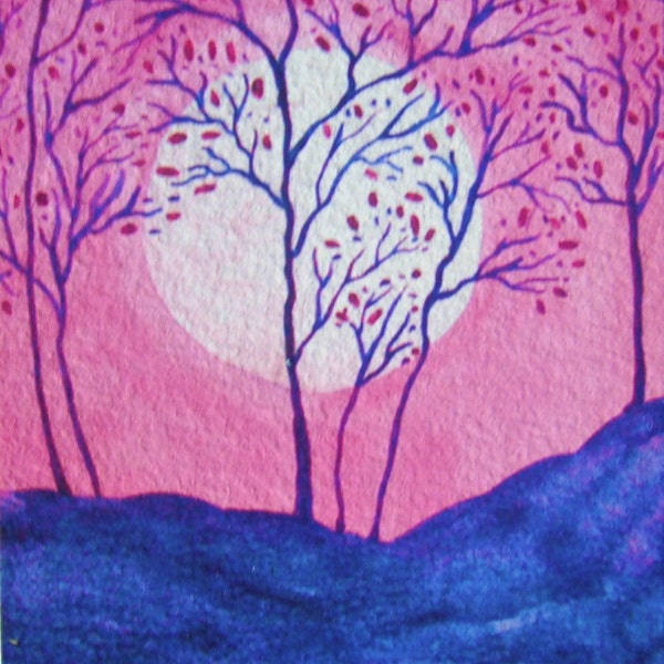 Pink Asian Cherry Trees with Moon ACEO Limited Edition Print