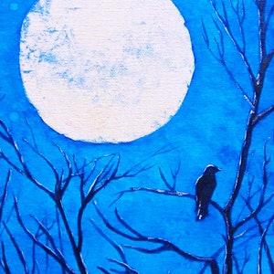 Moon and raven mini art print Midnight Chill ACEO Abstract  Giclee Limited Edition Print Raven Crow blue moon tree art