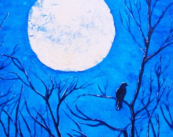 Mini impression d'art lune et corbeau Midnight Chill ACEO giclée abstraite en édition limitée art de l'arbre de lune bleu corbeau corbeau