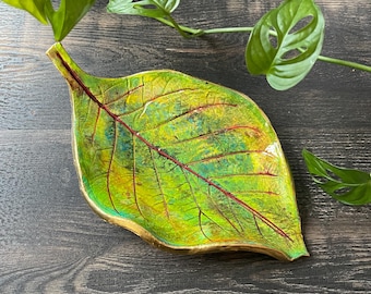 Handmade Leaf Trinket Dish - Green and Gold Botanical Decor