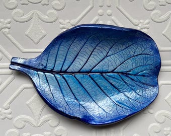 Iridescent Blue Leaf Trinket Dish -  Jewelry Holder, Decorative Plate