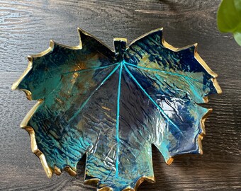 Decorative Maple Leaf Bowl, Blue and Gold Leaf Dish, Fall Decor