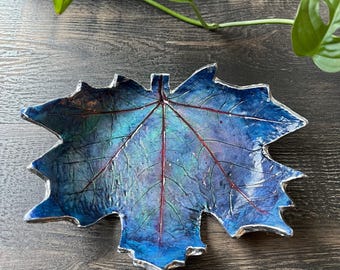 Handmade Maple Leaf Trinket Dish - Blue Botanical Jewelry Holder