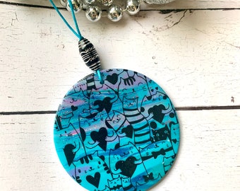 Cat ornament, handmade cat hanging ornament, polymer clay artisan creation , teal and black cat flat ornament C1