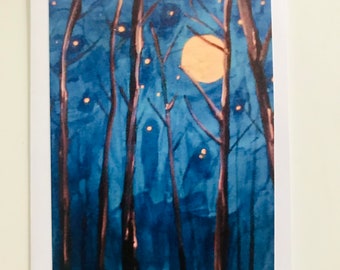 Abstract tree art print Blue Forest Trees Moon Night Something in the Dark Night painting small notecard